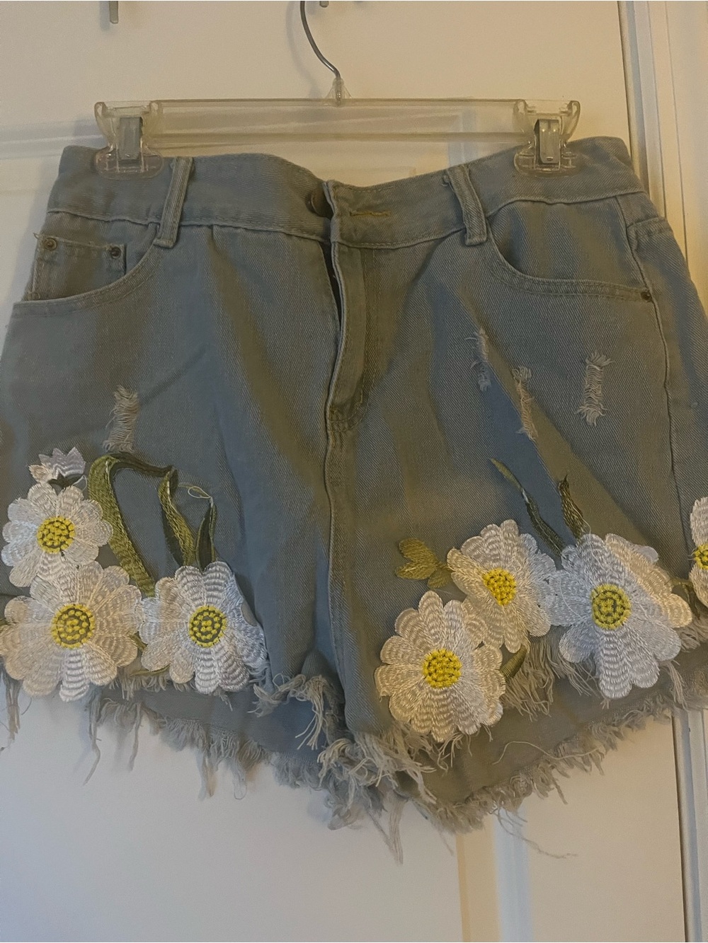 Women's Daisy Embroidered Distressed Denim Shorts - Light Blue